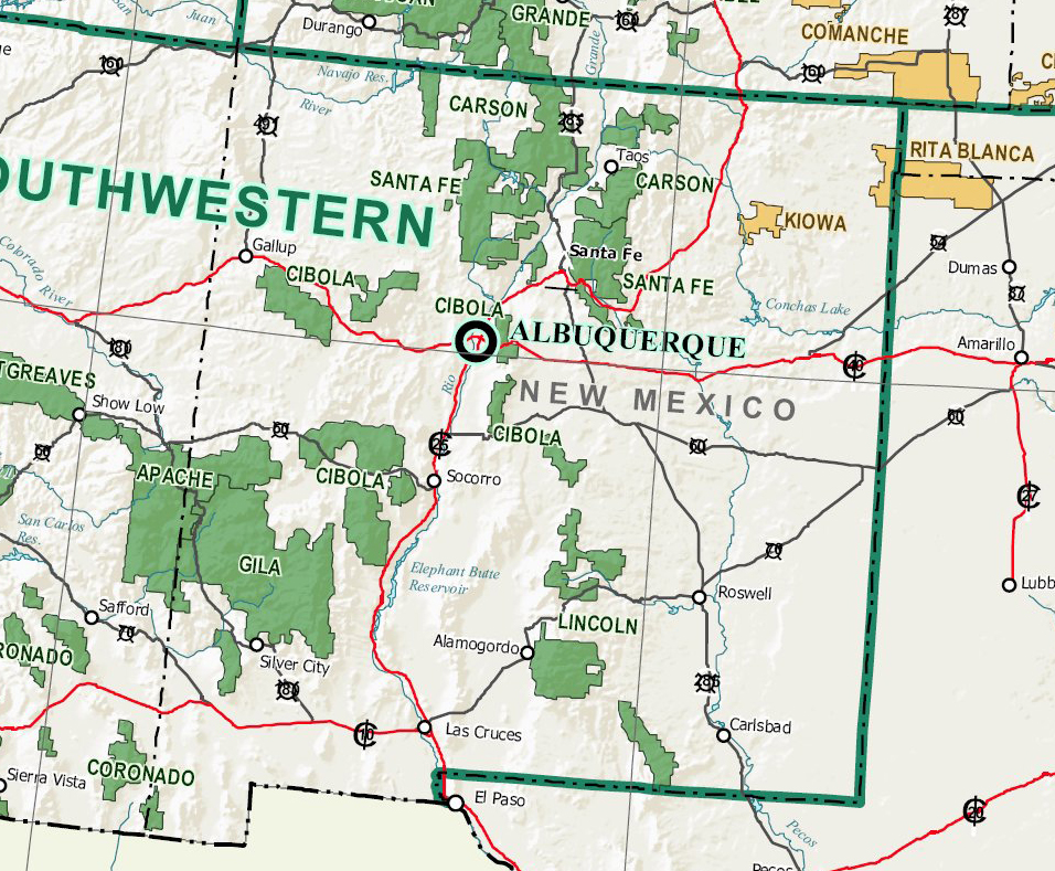 Map of United States National Forests and Grasslands - New Mexico